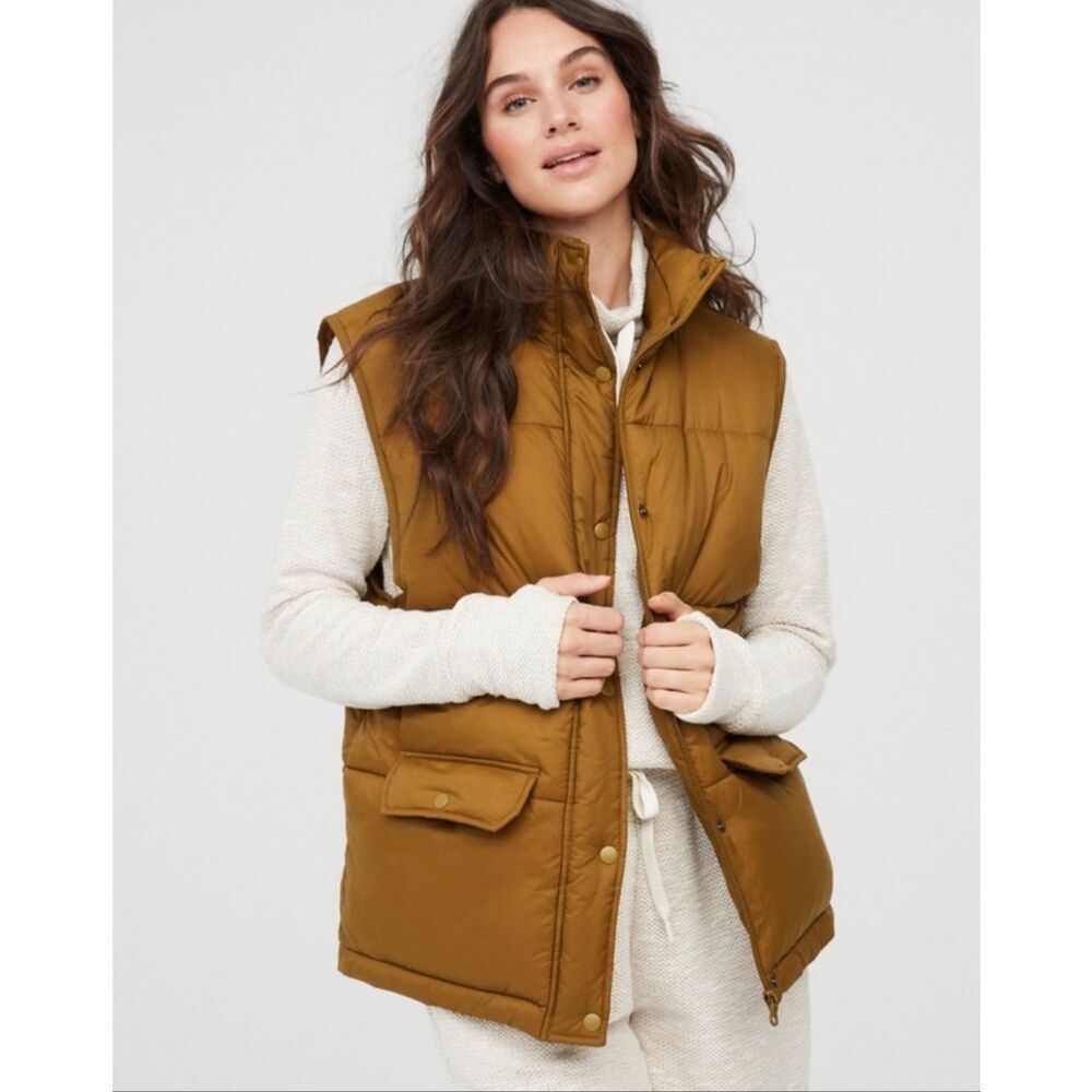 Aerie Offline Puffer Vest Oversized Color Brown/Gold Size XS